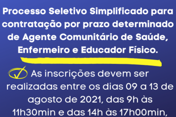 Processo Seletivo Simplificado para contratação por prazo determinado de Agente Comunitário de Saúde, Enfermeiro e Educador Físico