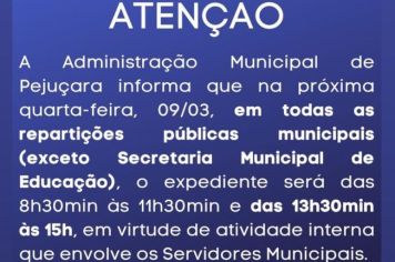 Atenção para o horário de expediente no dia 09/03