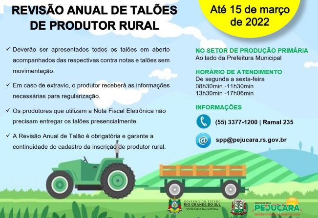 SECRETARIA DA FAZENDA ABRE PRAZO PARA REVISÃO ANUAL  DOS TALÕES DE PRODUTOR RURAL