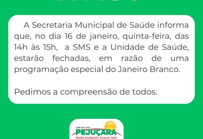 Aviso de funcionamento da Secretaria Municipal de Saúde