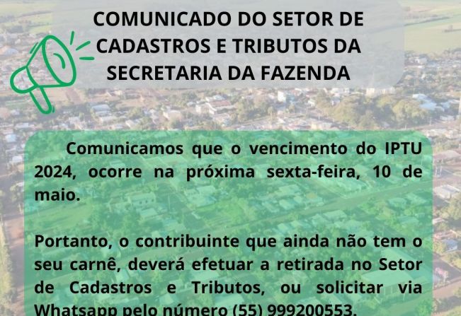 COMUNICADO DO SETOR DE CADASTROS E TRIBUTOS DA SECRETARIA DA FAZENDA