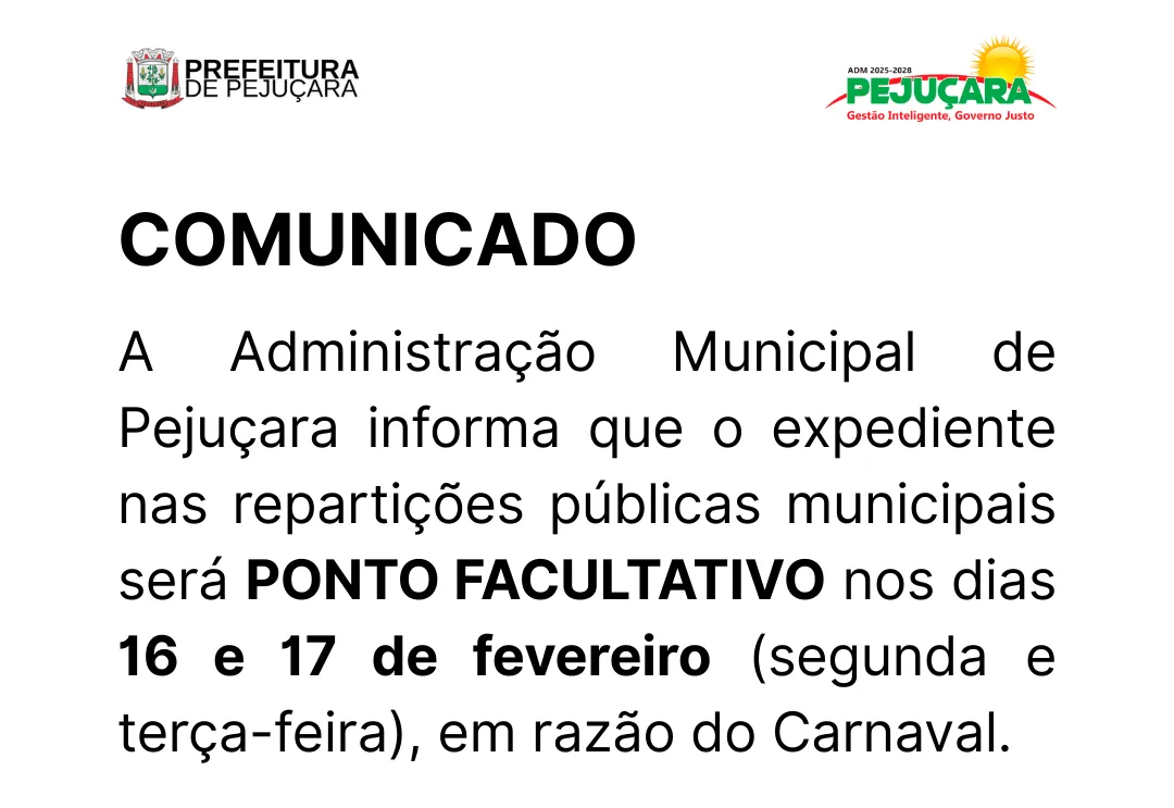 COMUNICADO: Ponto facultativo no feriado de Carnaval
