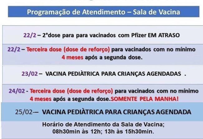 Atenção para a programação de vacinação contra a COVID-19 desta semana: