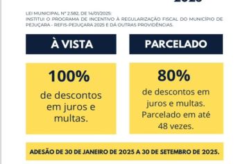 REFIS 2025: Administração Municipal de Pejuçara oferece descontos de até 100% sobre juros e multas de mora para regularização de dívidas