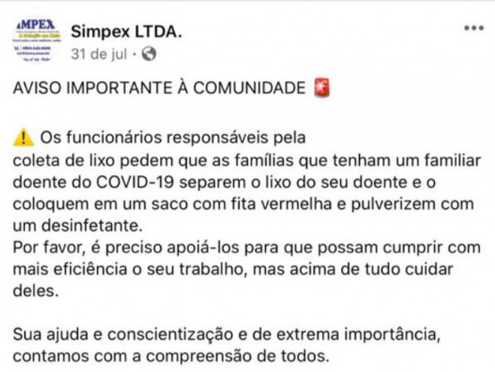 Empresa responsável pelo recolhimento do lixo divulga nota em função da pandemia