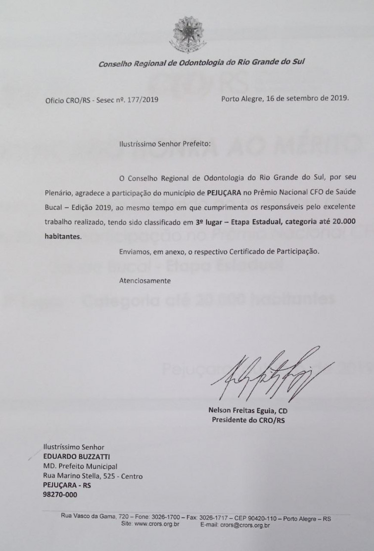 Pejuçara recebe prêmio Nacional CFO Saúde Bucal 